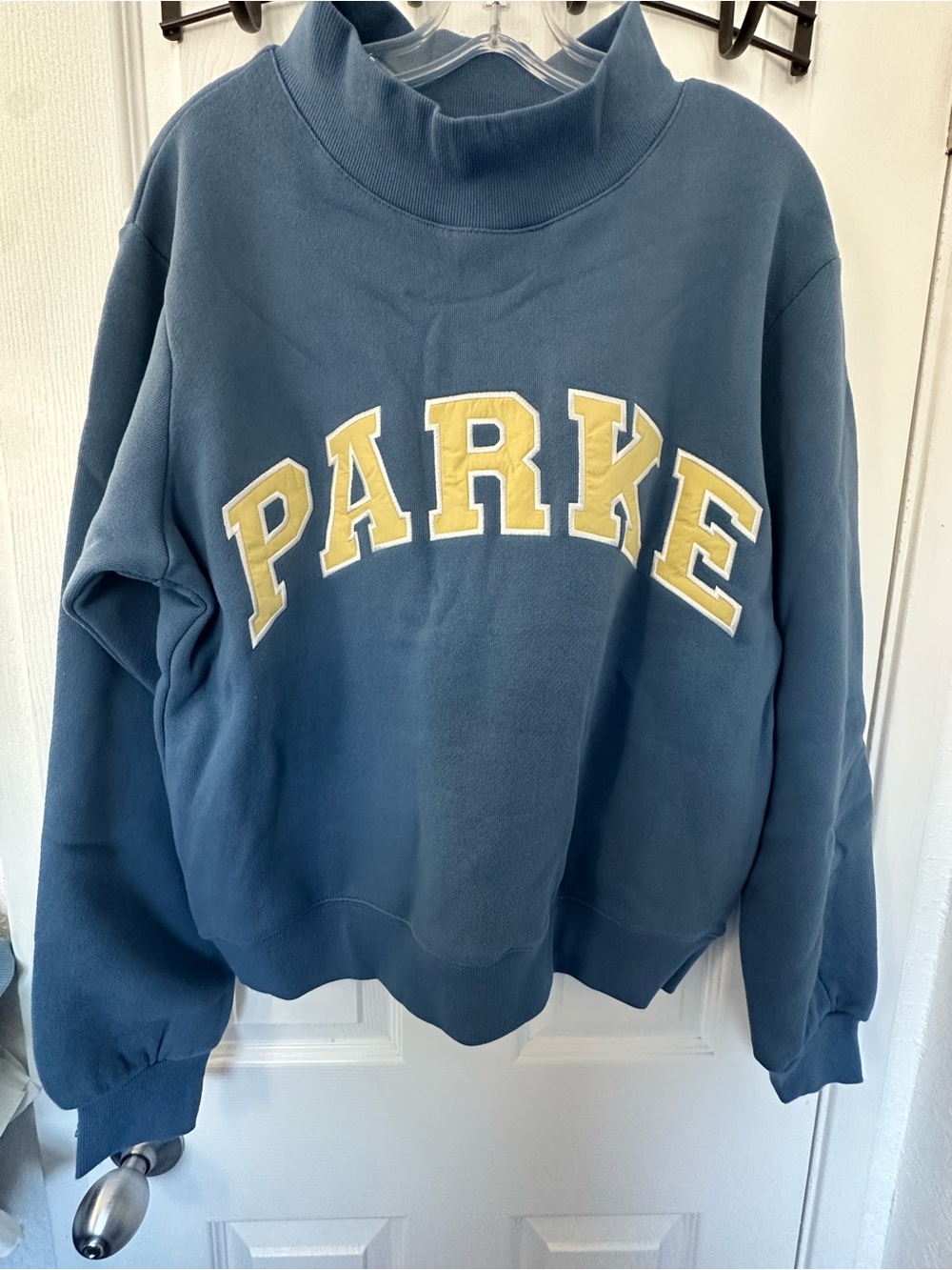 Parke Washed Indigo & Peel Varsity Mockneck Sweatshirt- NIB